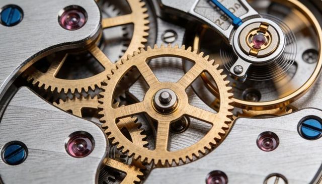 Macro rotating brass spur gear meshing with pinion gears in precision watch movement, ruby jewels