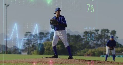 Female Pitcher Analyzing Biometric Performance on Baseball Field