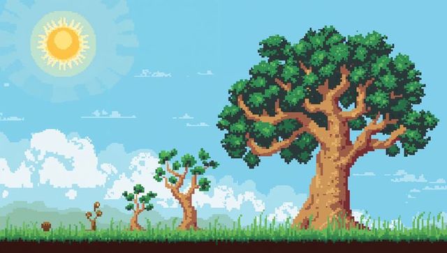 Growing pixel art tree sequence showing seedling, saplings and mature tree in sunny meadow