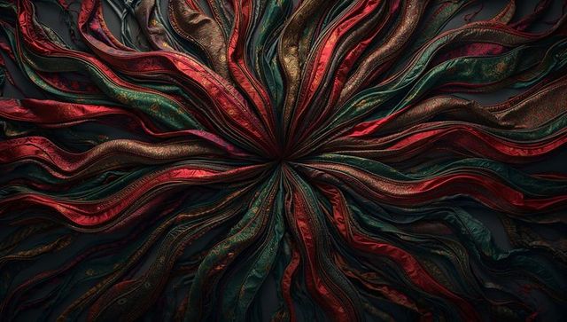 Radiating brocade ribbons creating ornate starburst of burgundy and teal with gold thread