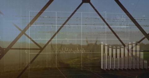 Framing transmission tower lattice over rural plain with data overlay and golden hour flare