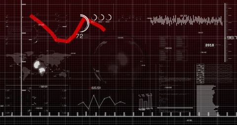Displaying Red Curved Trend Line on Futuristic Analytics Dashboard with Global Metrics