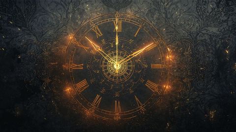 Glowing golden roman numeral clock in fantasy steampunk art