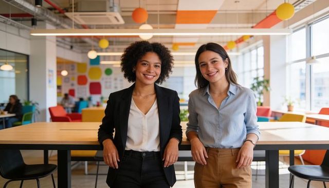 Young professionals smiling and collaborating in bright modern coworking workspace