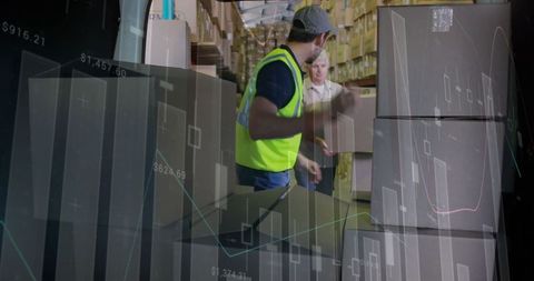 Warehouse Logistics Team Stacking Boxes with Data Overlays