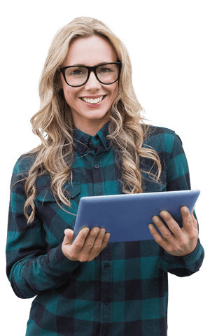 Caucasian Woman Smiling with Tablet on Transparent Background