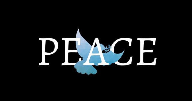 Illustration of flying bird with peace text on black background, copy space. Vector, international day of peace, avoid war and violence, celebration, hope, spread kindness, support.