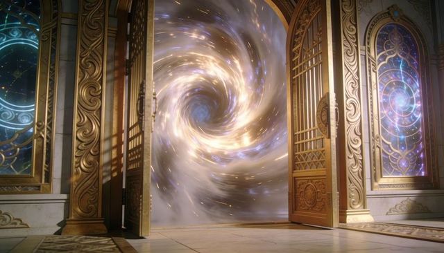 Glowing swirling cosmic portal ornate baroque hall with gilded doors and sparkling vortex