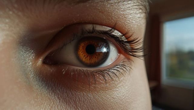 Macro closeup showing amber human eye reflecting window light with detailed iris and lashes