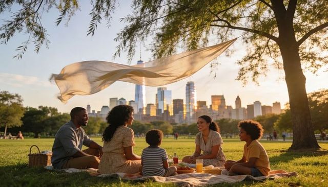 Family sharing picnic at golden hour in urban park with sheer canopy and city skyline