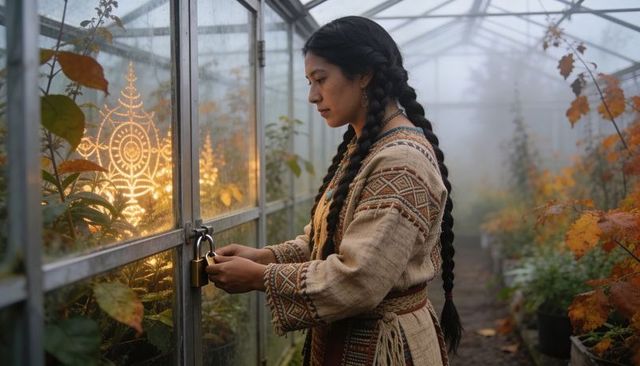 Woman with braided hair unlocking greenhouse padlock at misty autumn with warm lights