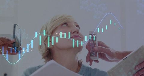 Businesswoman Surrounded by Smartphones and Tablet with Candlestick Market Chart Overlay