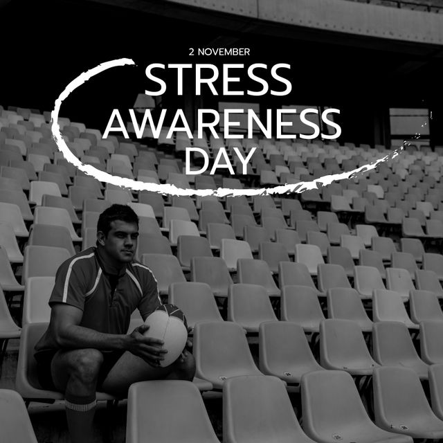 Composition of stress awareness day text over biracial rugby player at stadium. Stress awareness day and celebration concept digitally generated image.
