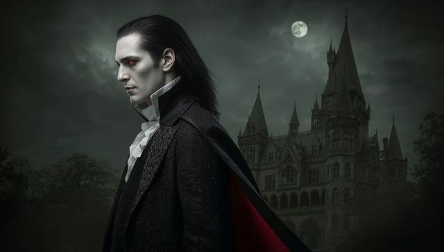 Mysterious Vampire in Gothic Setting with Full Moon