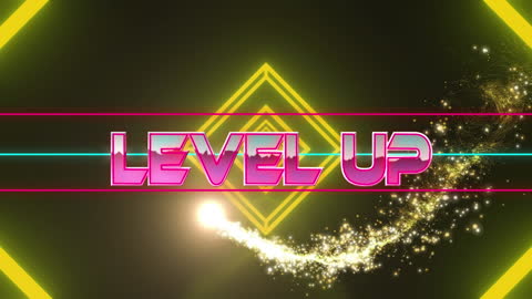 Retro Gaming Level Up Neon Text with Sparkling Trail