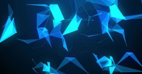 Glowing cyan polygon network floating in dark space with neon wireframe and particles