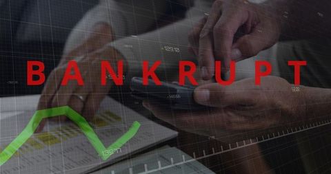 Bankruptcy crisis: business partners reviewing financial documents and smartphone alert