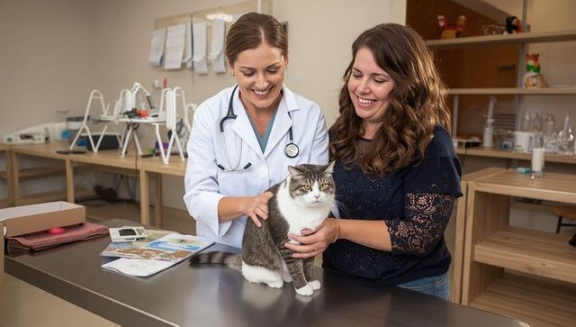 Veterinarian Caring for Cat During Clinic Visit with Owner