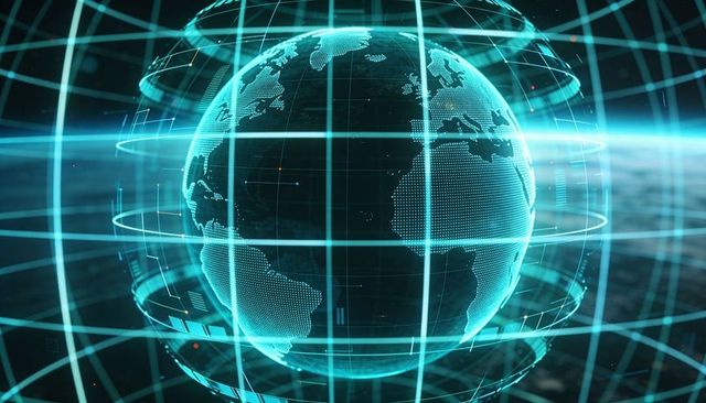 Holographic digital globe with data grid and orbiting rings for futuristic analytics