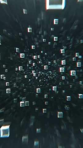 Moving Through Neon Voxel Tunnel Vertical Loop | Futuristic Cyber Grid Motion Background