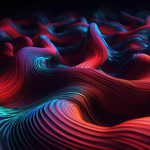 Abstract red and blue wavy lines on black background, created using generative ai technology. Abstract, colour and shape concept digitally generated image.