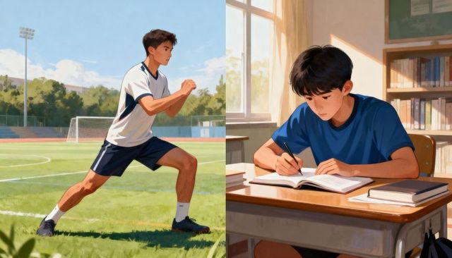 Teen athlete training on soccer field while studying in quiet classroom splitframe