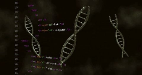 Floating Metallic DNA Double Helix in Dark Smoke with Glowing Code Column, Futuristic