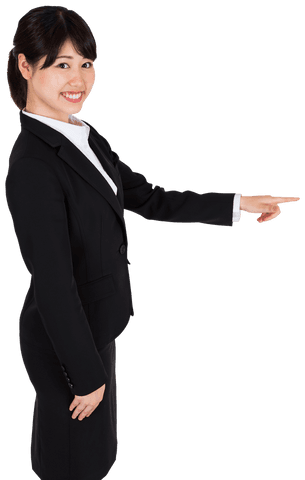Happy Asian Businesswoman Pointing with Transparent Background