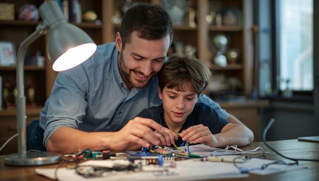 Father guiding son connecting electronics on breadboard for hands-on STEM learning at home