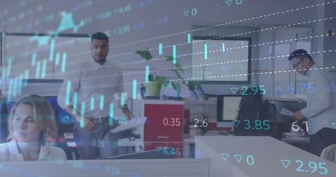 Financial data overlay with diverse business team in office