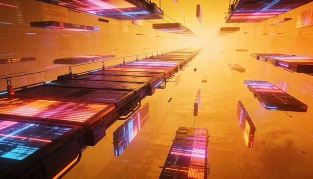 Neon megastructure walkway receding toward radiant horizon, futuristic cyberpunk corridor