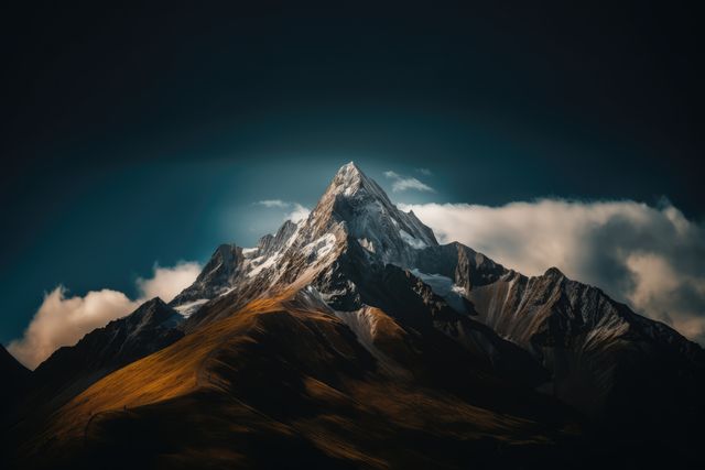 General view of mountain peak and clouds, created using generative ai technology. Landscape, scenery and beauty in nature concept digitally generated image.