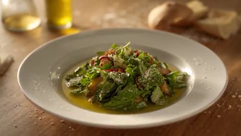 Close-up Video Showcasing Spinach Salad with Parmesan, Olive Oil Drizzle and Rustic Bread