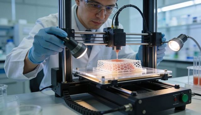 Scientist Operating Bioprinter Extruding Pink Bioink for Tissue Engineering Prototype