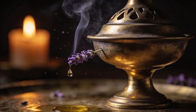Antique brass censer releasing fragrant smoke with lavender droplet and candlelight glow