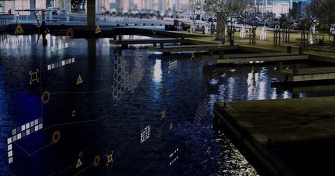 Futuristic geometric ui overlays at nighttime urban pier