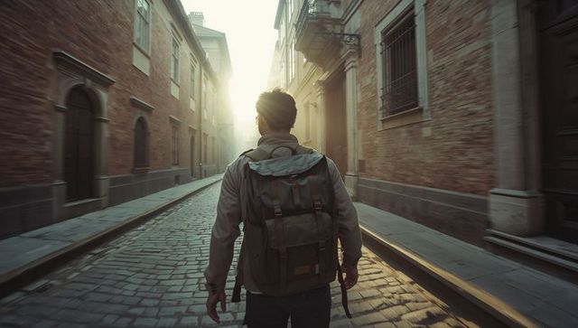 Backpacker walking down sunlit cobblestone alley through historic old town streets