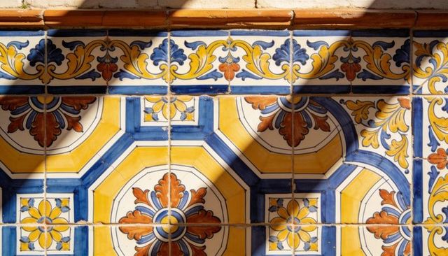 Hand-painted mediterranean ceramic tiles with octagon rosettes and ornate arabesque border