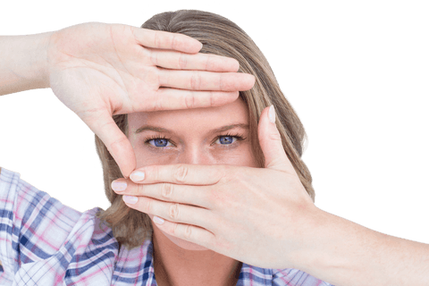 Transparent energetic woman framing with hands enthusiastically