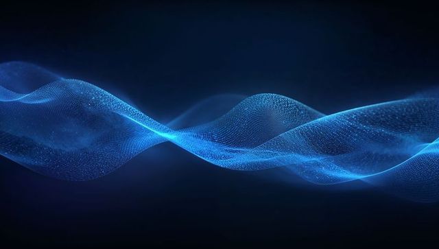 Flowing blue particle mesh ribbon creating sinuous digital waves on dark navy backdrop