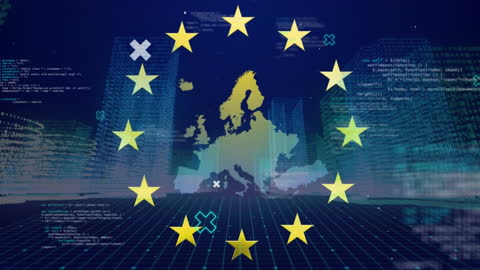 EU Flag and European Map with Digital Binary Code Animation