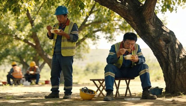 Construction crew eating lunch under shade tree using chopsticks during outdoor break