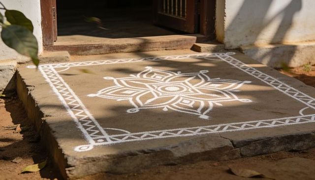 Sunlit white kolam floral star on raised step at traditional doorway with tree shadows