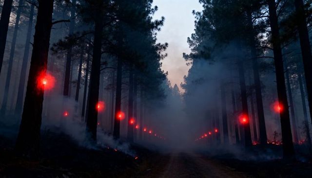 Dramatic forest corridor lit by red flares with smoke drifting over dirt road at twilight