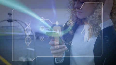 Businesswoman Utilizing Smartphone with Futuristic Holographic Interface