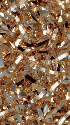 Vertical slow motion gold confetti drifting over shimmering backdrop for luxury celebration