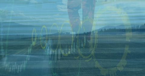 Digital Data Overlay on Serene Landscape with Walking Figures