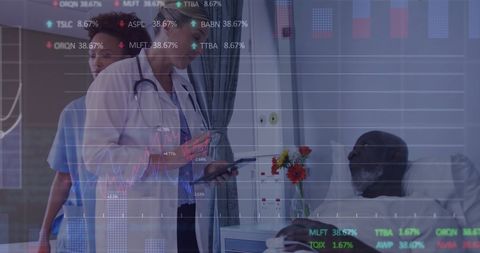 Doctor Examining Patient With Overlay of Market Data and Trend Graphs