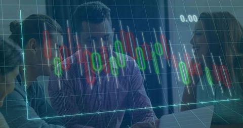Business team reviewing candlestick market data on laptop with financial analytics overlay