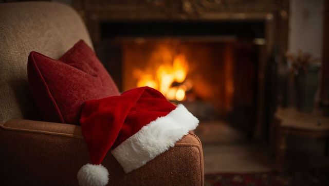 Red Santa Hat Resting on Armchair by Fireplace Creating Cozy Holiday Ambience